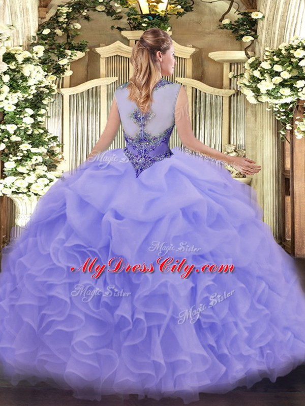 Dramatic Scoop Sleeveless Organza Quince Ball Gowns Beading and Ruffles Zipper