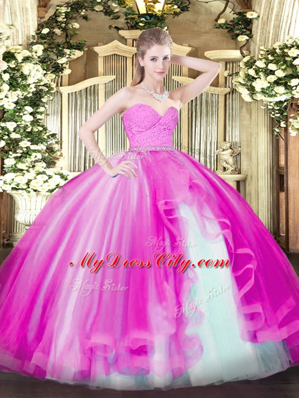 Attractive Sweetheart Sleeveless Tulle Quince Ball Gowns Beading and Lace and Ruffles Zipper