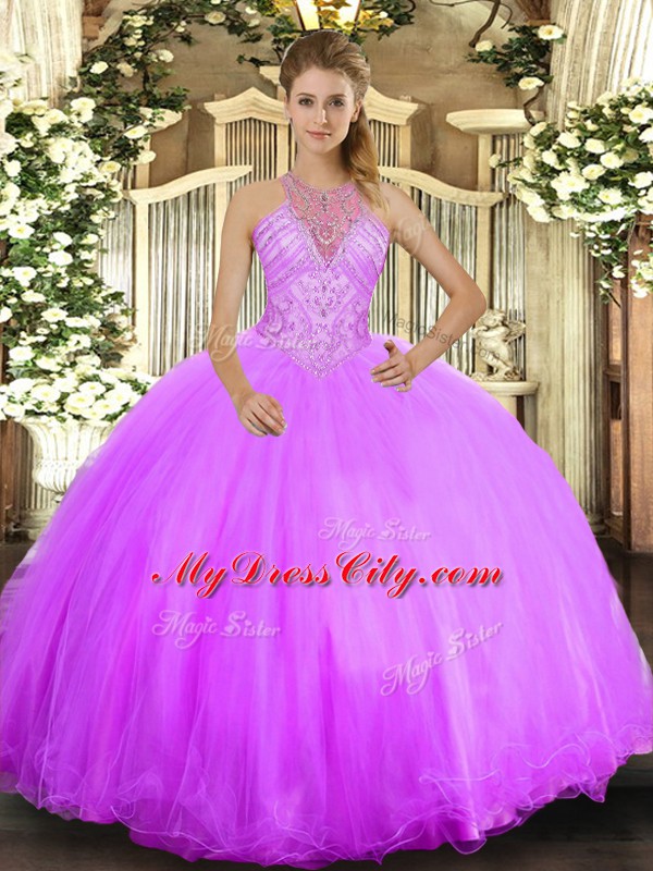 Hot Selling Lilac Lace Up 15 Quinceanera Dress Beading Sleeveless Floor Length