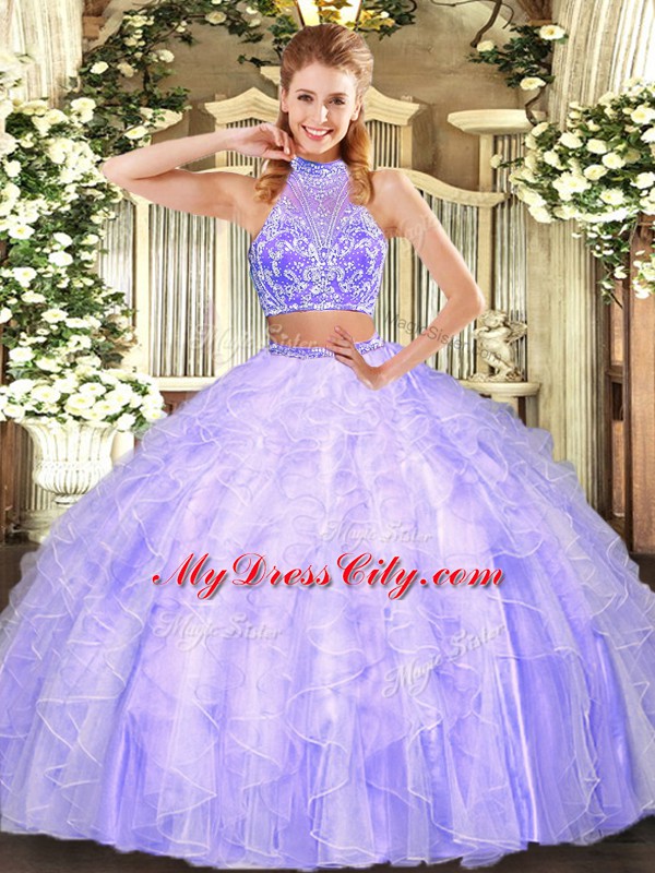 Floor Length Two Pieces Sleeveless Lavender Sweet 16 Dress Criss Cross