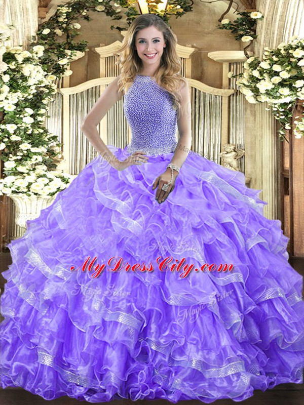 Lavender Lace Up High-neck Beading and Ruffled Layers Quinceanera Dresses Organza Sleeveless