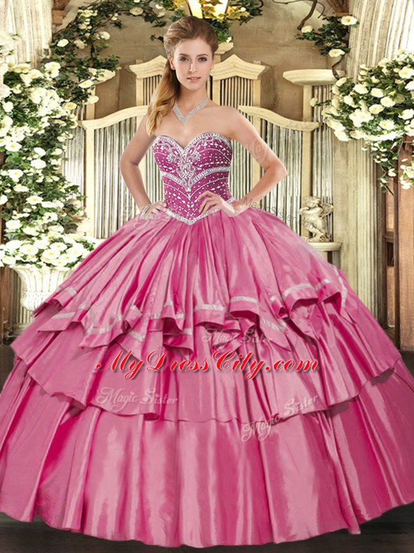 Sweetheart Sleeveless 15th Birthday Dress Floor Length Beading and Ruffled Layers Hot Pink Organza and Taffeta