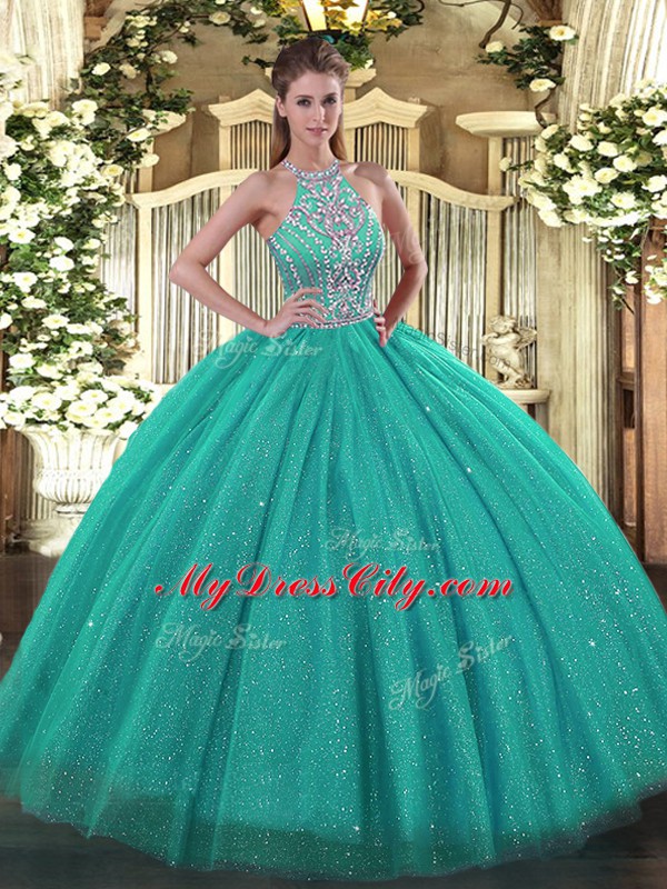 Ideal Turquoise Halter Top Lace Up Beading Quinceanera Dress Sleeveless