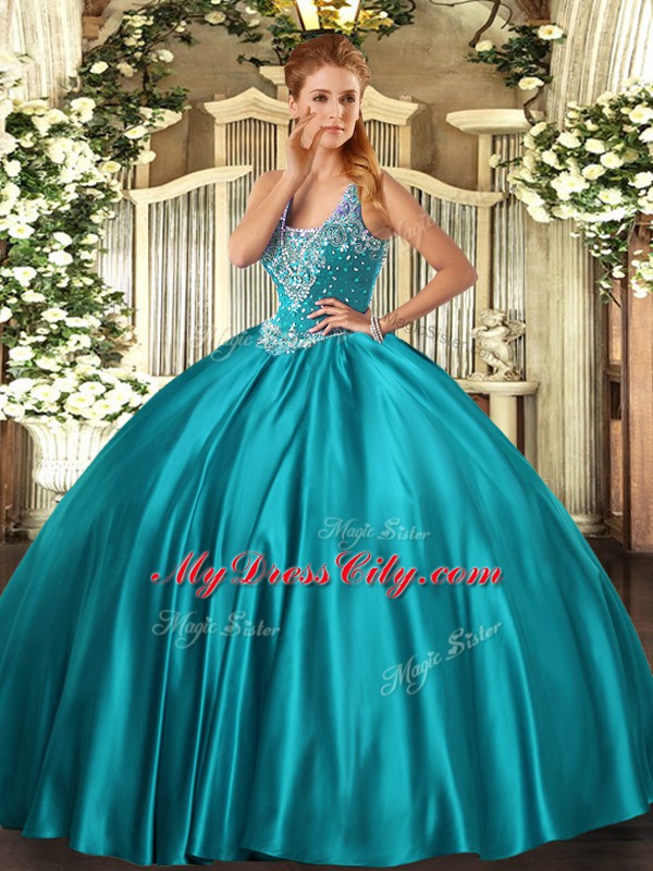 Low Price Satin Sleeveless Floor Length 15th Birthday Dress and Beading