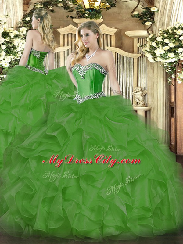 Green Lace Up Sweetheart Beading and Ruffles Sweet 16 Quinceanera Dress Organza Sleeveless