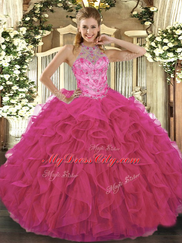 Sweet Sleeveless Organza Floor Length Lace Up Sweet 16 Dress in Hot Pink with Beading and Embroidery