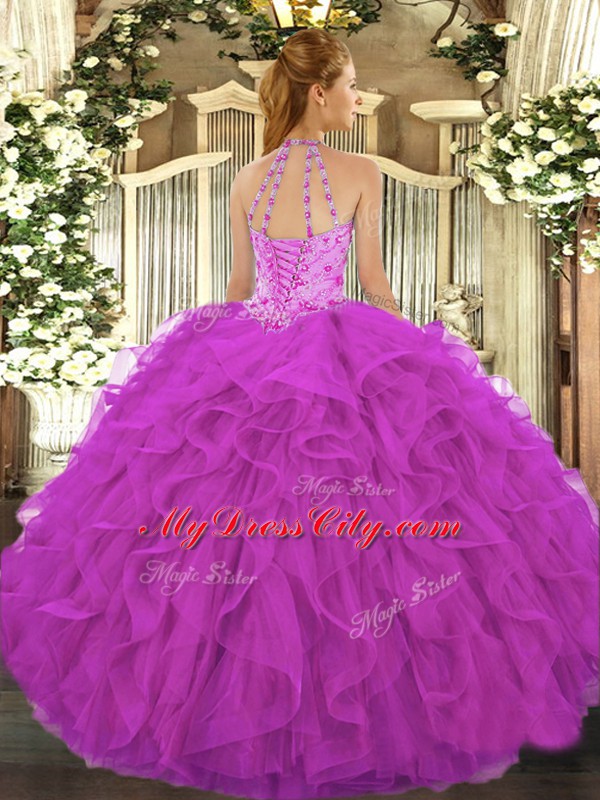 Sweet Sleeveless Organza Floor Length Lace Up Sweet 16 Dress in Hot Pink with Beading and Embroidery