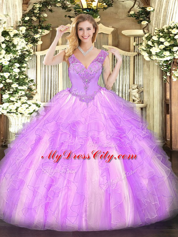 Shining Beading and Ruffles Quinceanera Gown Lilac Lace Up Sleeveless Floor Length