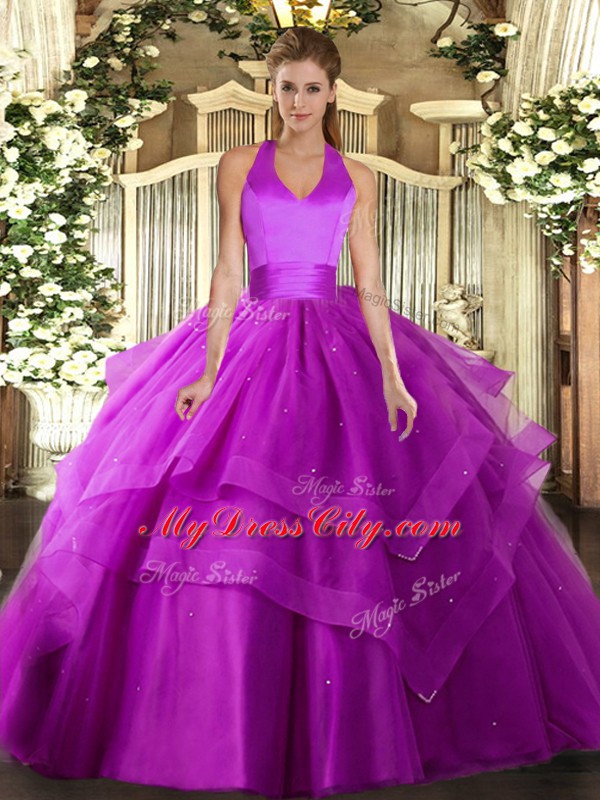 Luxury Ruffled Layers Vestidos de Quinceanera Fuchsia Lace Up Sleeveless Floor Length