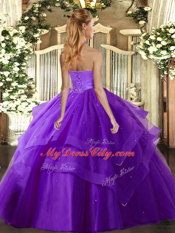 Luxury Ruffled Layers Vestidos de Quinceanera Fuchsia Lace Up Sleeveless Floor Length