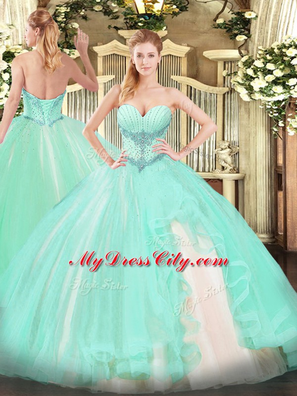 New Arrival Apple Green Sweetheart Lace Up Beading and Ruffles 15th Birthday Dress Sleeveless