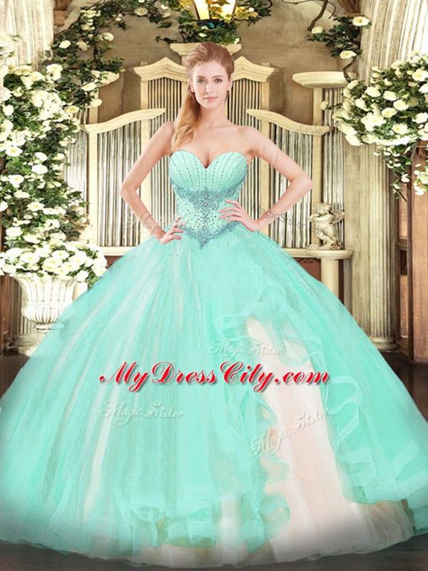 New Arrival Apple Green Sweetheart Lace Up Beading and Ruffles 15th Birthday Dress Sleeveless