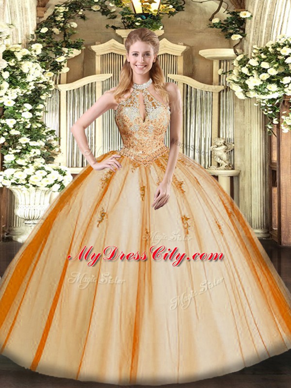 Deluxe Orange Red Ball Gowns Lace and Appliques Quinceanera Dresses Lace Up Tulle Sleeveless Floor Length