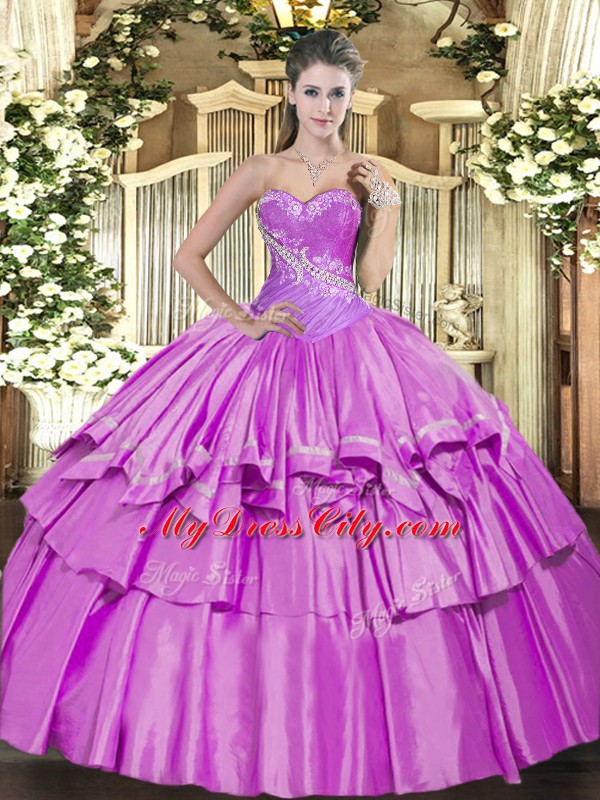 Elegant Lilac Sleeveless Floor Length Beading and Ruffled Layers Lace Up Quinceanera Gowns