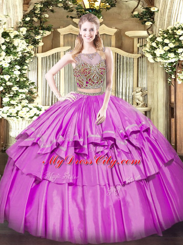 Lilac Quince Ball Gowns Military Ball and Sweet 16 and Quinceanera with Beading and Ruffled Layers Scoop Sleeveless Lace Up