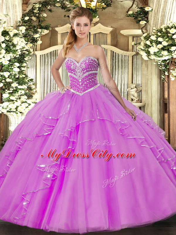 Lilac Sleeveless Beading and Ruffles Floor Length Sweet 16 Dresses