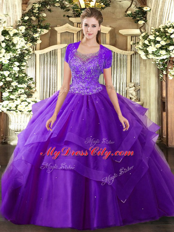 Purple Ball Gowns Tulle Scoop Sleeveless Beading and Ruffles Floor Length Clasp Handle Sweet 16 Quinceanera Dress