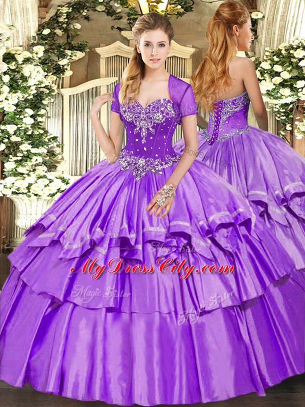 Lavender Sleeveless Beading and Ruffled Layers Floor Length Vestidos de Quinceanera