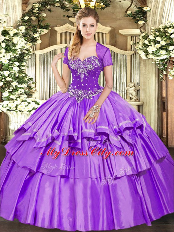 Lavender Sleeveless Beading and Ruffled Layers Floor Length Vestidos de Quinceanera