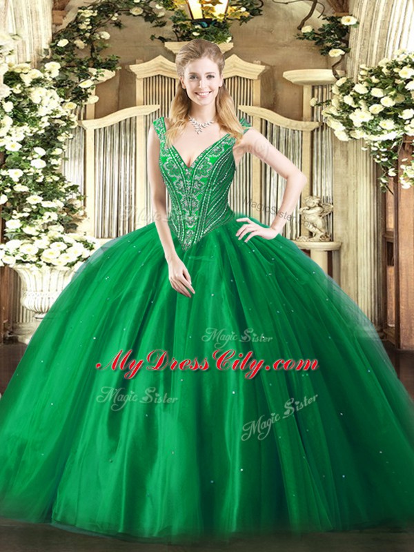 Top Selling Green V-neck Lace Up Beading Sweet 16 Quinceanera Dress Sleeveless