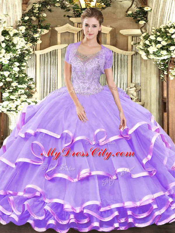 Modest Sleeveless Lace Up Floor Length Beading and Ruffled Layers Quinceanera Dress