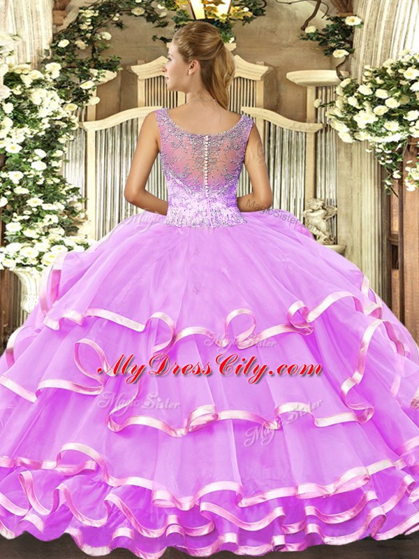 Modest Sleeveless Lace Up Floor Length Beading and Ruffled Layers Quinceanera Dress