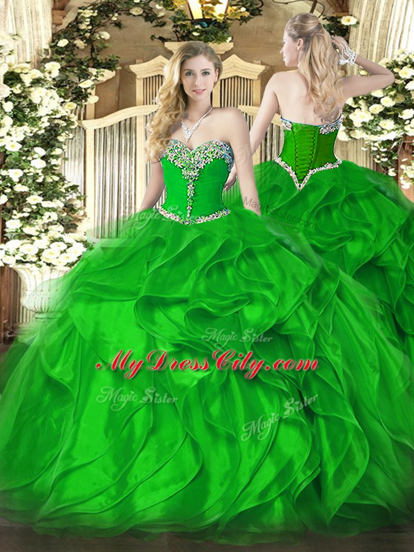 Cheap Floor Length Green Quinceanera Dresses Organza Sleeveless Beading and Ruffles