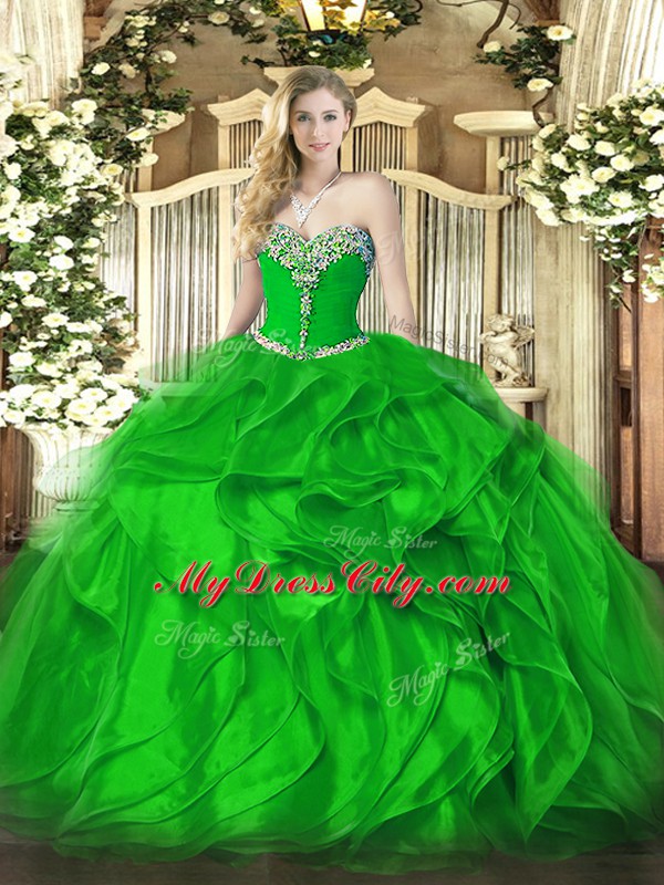 Cheap Floor Length Green Quinceanera Dresses Organza Sleeveless Beading and Ruffles