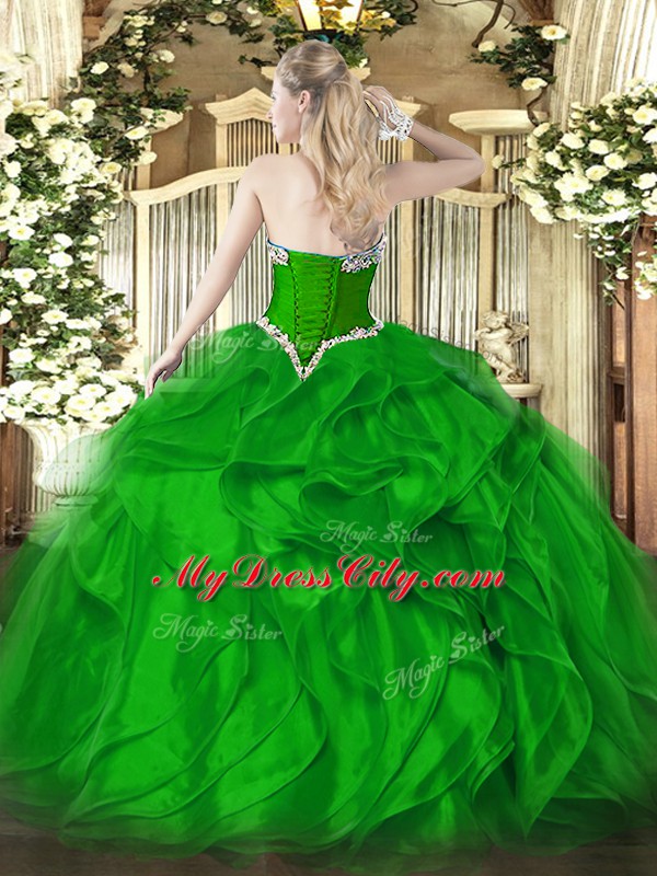 Cheap Floor Length Green Quinceanera Dresses Organza Sleeveless Beading and Ruffles