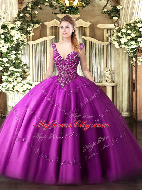 Discount Sleeveless Floor Length Beading and Appliques Lace Up Quinceanera Dresses with Fuchsia