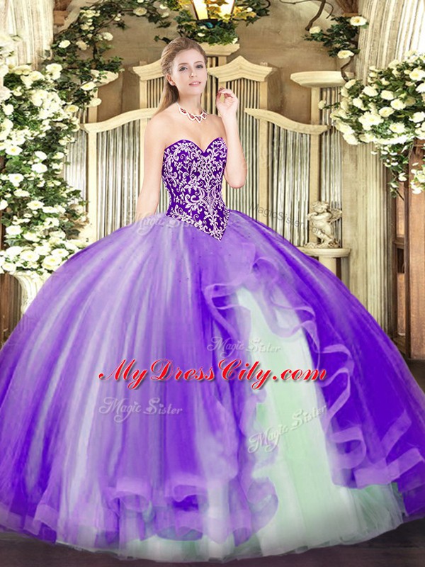 Customized Tulle Sleeveless Floor Length 15th Birthday Dress and Beading and Ruffles