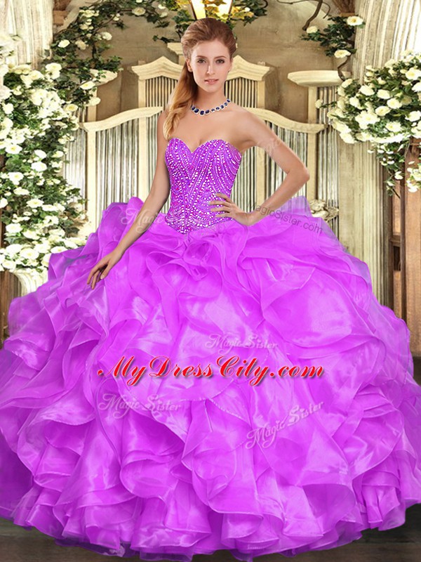 Perfect Organza Sweetheart Sleeveless Lace Up Beading and Ruffles Quince Ball Gowns in Lilac