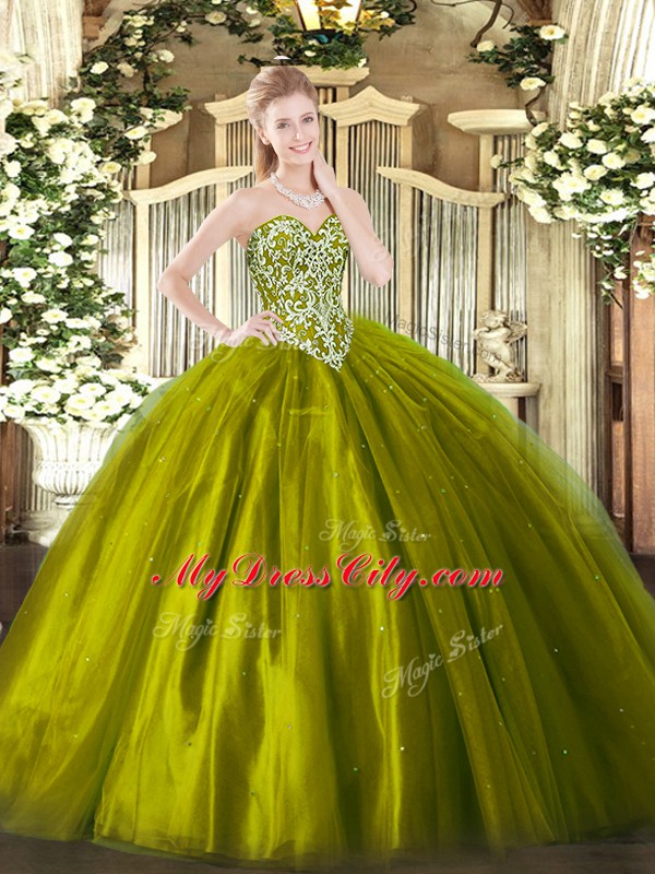 Latest Ball Gowns Quinceanera Gown Olive Green Sweetheart Tulle Sleeveless Floor Length Lace Up