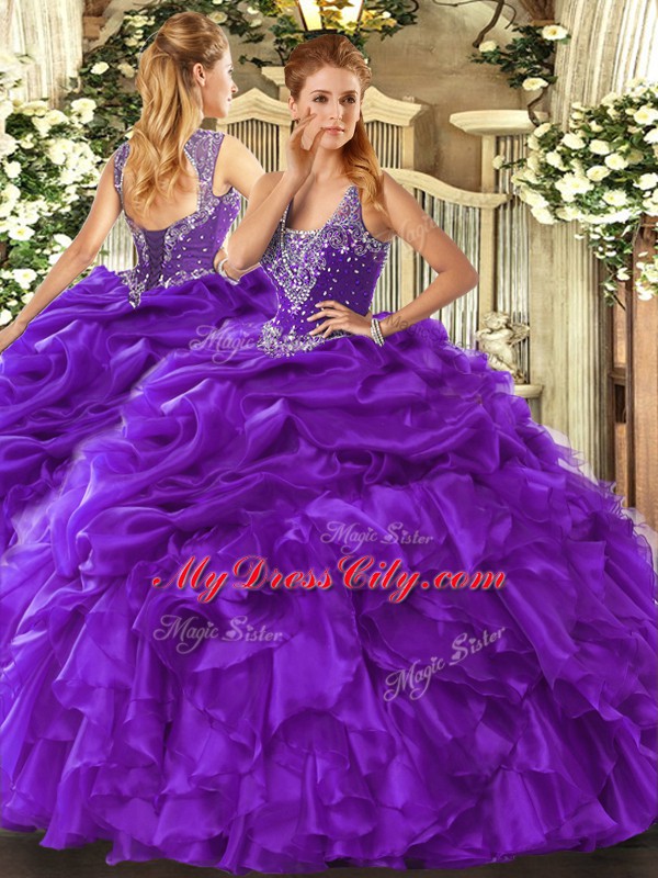 Charming Purple Sleeveless Floor Length Beading and Ruffles and Pick Ups Lace Up Sweet 16 Dress