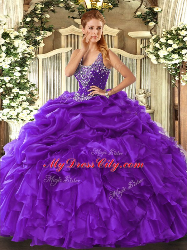 Charming Purple Sleeveless Floor Length Beading and Ruffles and Pick Ups Lace Up Sweet 16 Dress