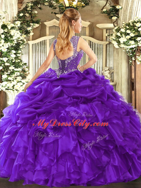 Charming Purple Sleeveless Floor Length Beading and Ruffles and Pick Ups Lace Up Sweet 16 Dress