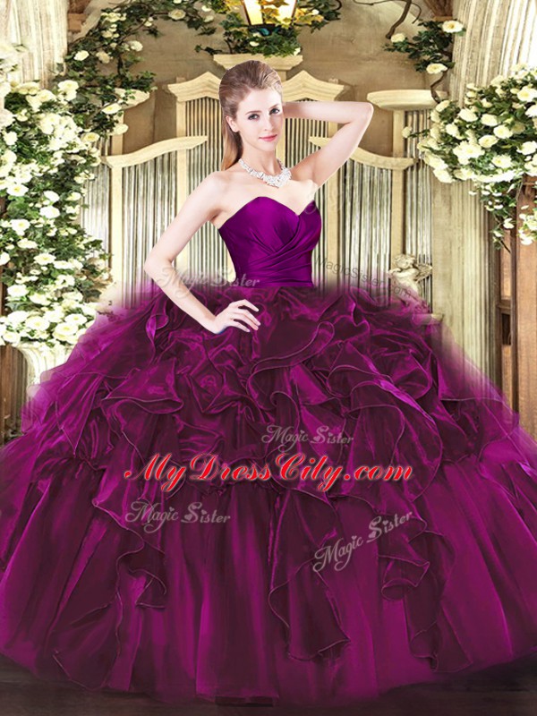 Fashion Floor Length Fuchsia Quince Ball Gowns Organza Sleeveless Ruffles