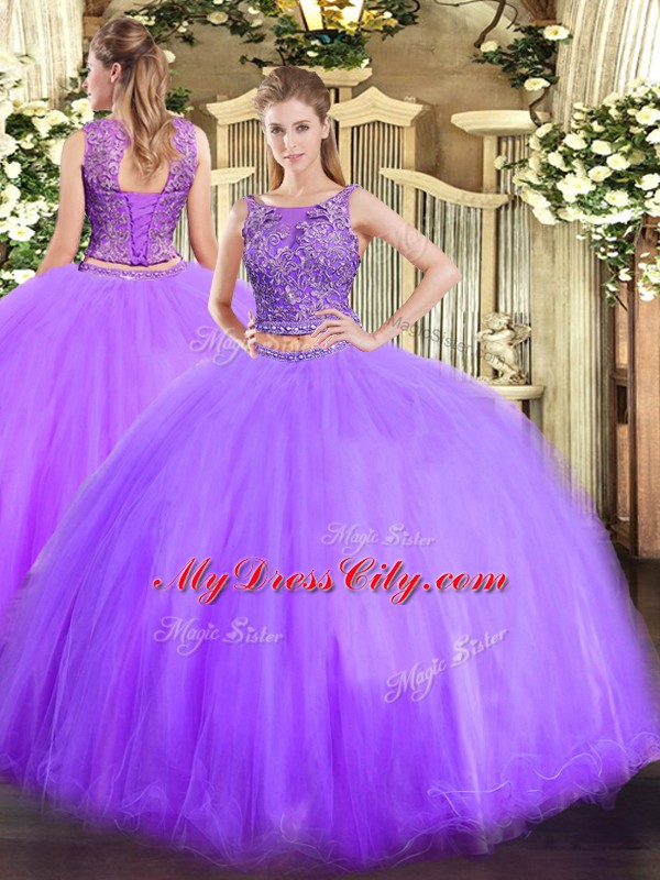 Glorious Lavender Lace Up Scoop Beading Quince Ball Gowns Tulle Sleeveless