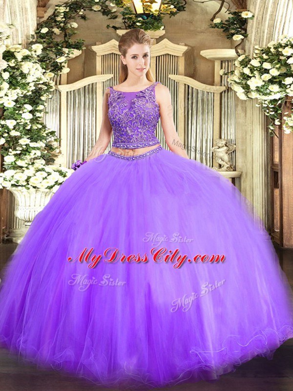 Glorious Lavender Lace Up Scoop Beading Quince Ball Gowns Tulle Sleeveless