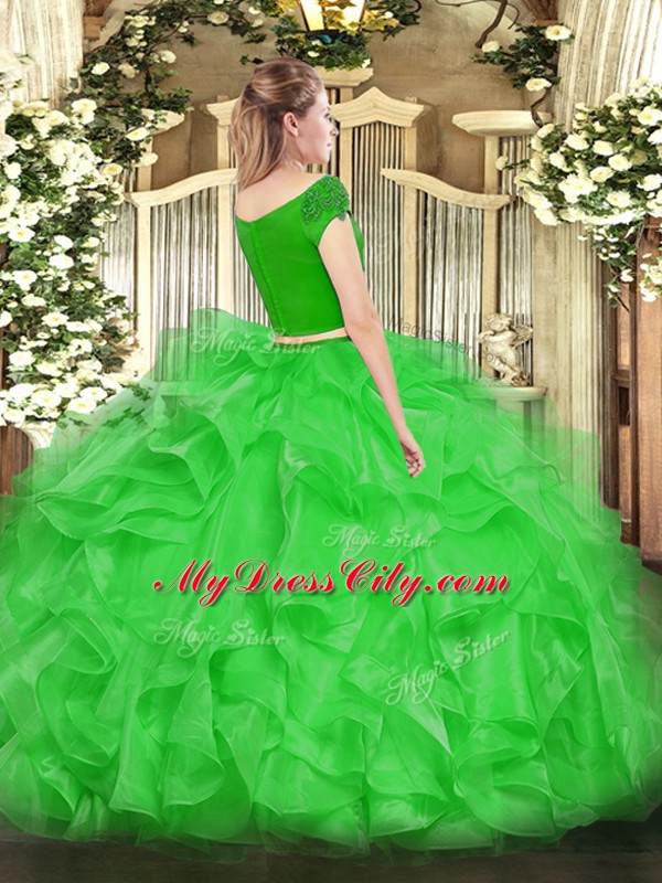 Appliques and Ruffles Ball Gown Prom Dress Green Zipper Short Sleeves Floor Length