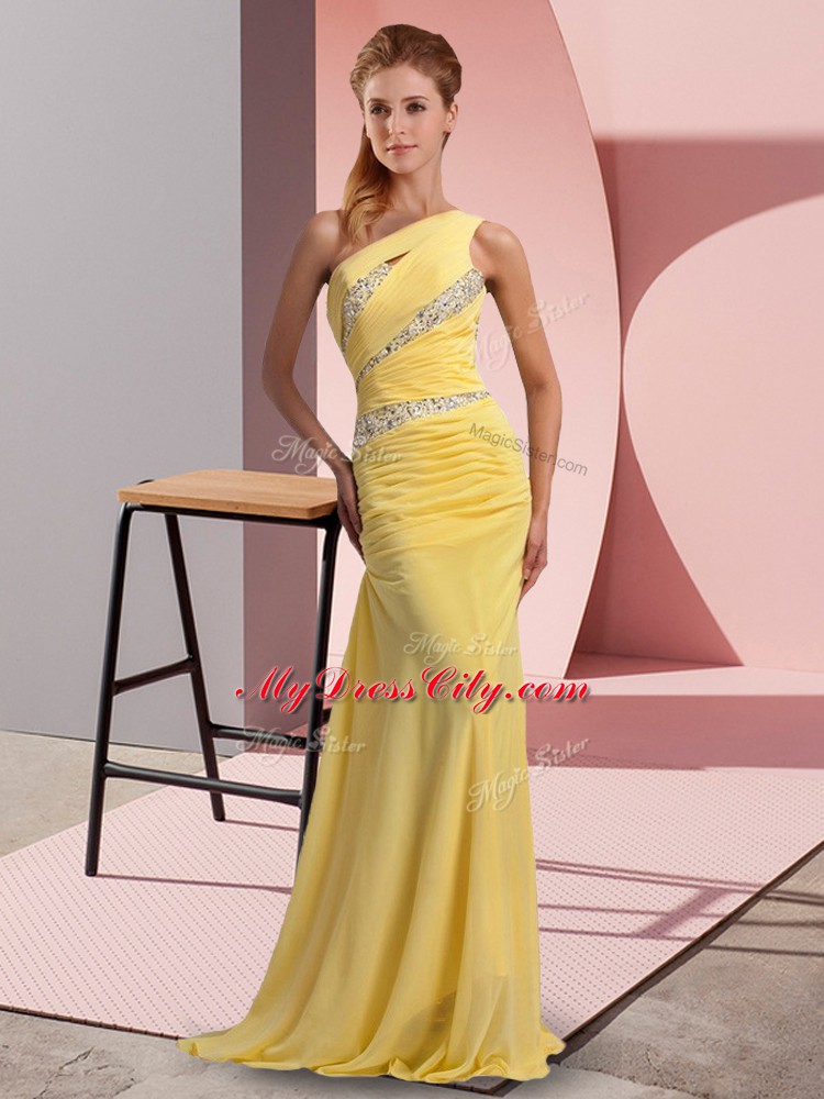 Artistic Sleeveless Chiffon Floor Length Sweep Train Lace Up Prom Dresses in Yellow with Beading