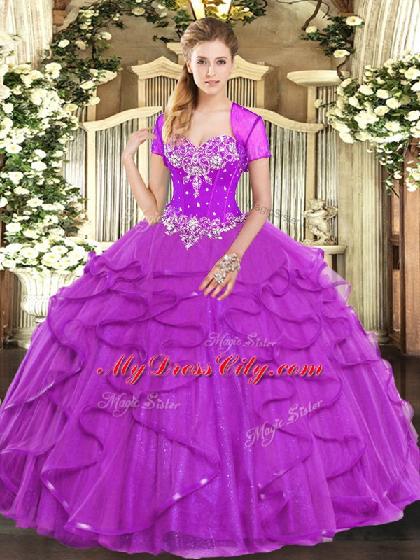 Fuchsia Quince Ball Gowns Military Ball and Sweet 16 and Quinceanera with Beading and Ruffles Sweetheart Sleeveless Lace Up