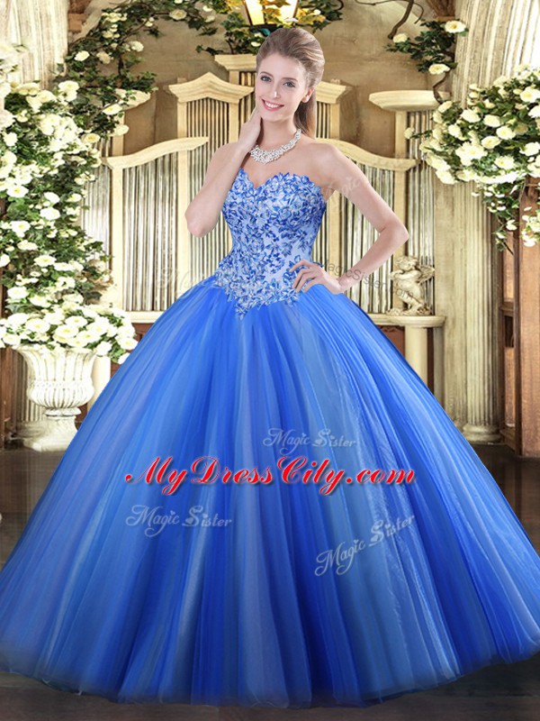 Modern Sleeveless Appliques Lace Up Vestidos de Quinceanera with Blue