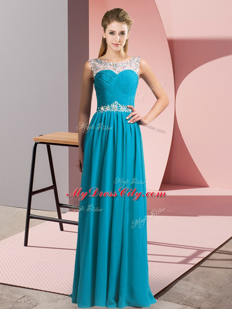 Floor Length Clasp Handle Prom Dress Teal for Prom and Party with Beading