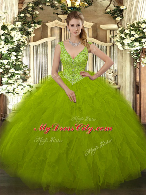 Sleeveless Tulle Floor Length Zipper Vestidos de Quinceanera in Olive Green with Beading and Ruffles