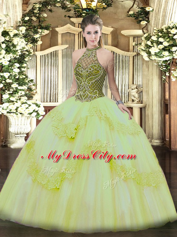 Simple Light Yellow Lace Up Halter Top Beading and Appliques Vestidos de Quinceanera Tulle Sleeveless