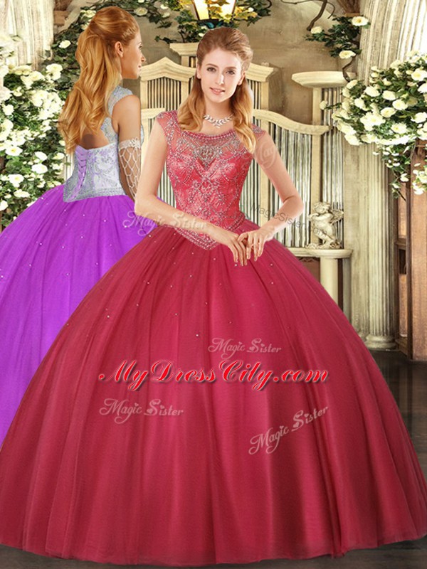 High Class Sleeveless Floor Length Beading Lace Up Quinceanera Dresses with Coral Red