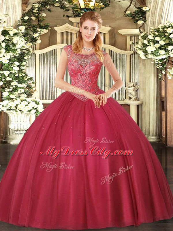 High Class Sleeveless Floor Length Beading Lace Up Quinceanera Dresses with Coral Red