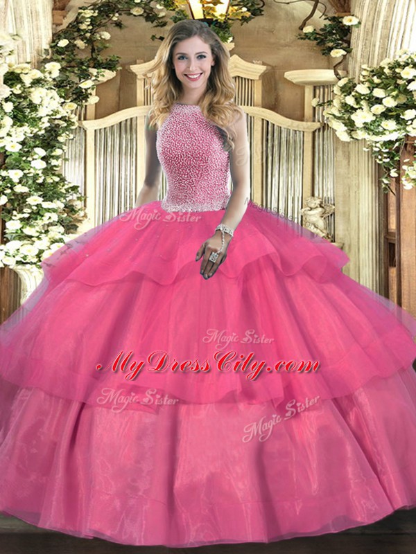 Pretty Floor Length Ball Gowns Sleeveless Hot Pink Quinceanera Dresses Lace Up