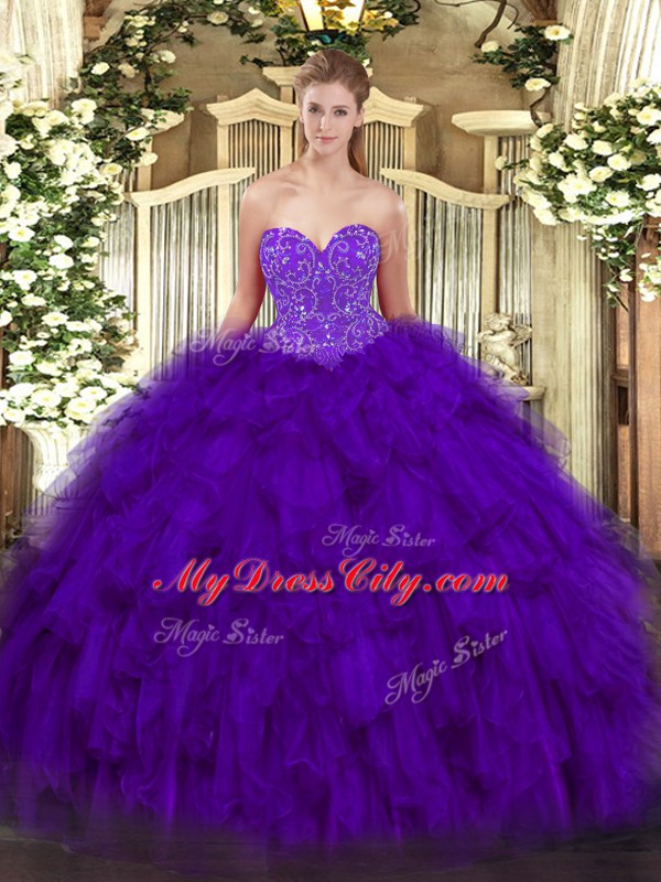 Clearance Sleeveless Floor Length Beading and Ruffles Lace Up Quinceanera Gown with Purple